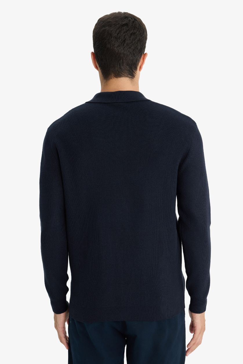 Erkek Lacivert Standart Fit Polo Yaka Düğmeli Triko Kazak