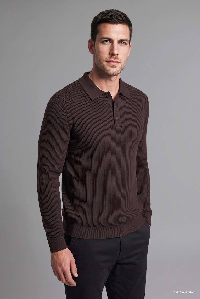 HOMME Marron Foncé Pull en tricot basic à col polo boutonné Coupe standard
