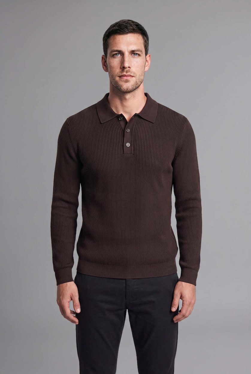 Erkek Koyu Kahve Polo Yaka Basic Kazak