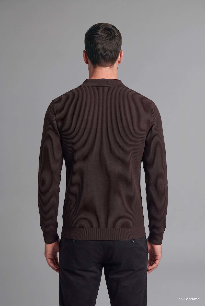 HOMME Marron Foncé Pull en tricot basic à col polo boutonné Coupe standard