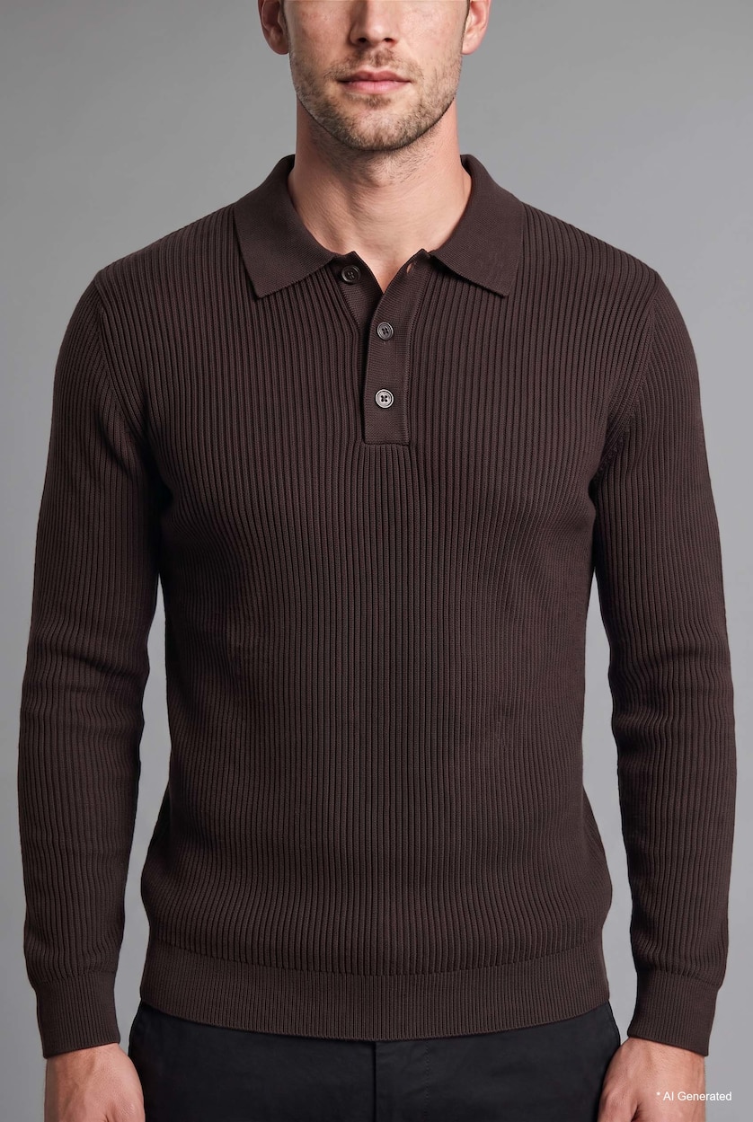 HOMME Marron Foncé Pull en tricot basic à col polo boutonné Coupe standard