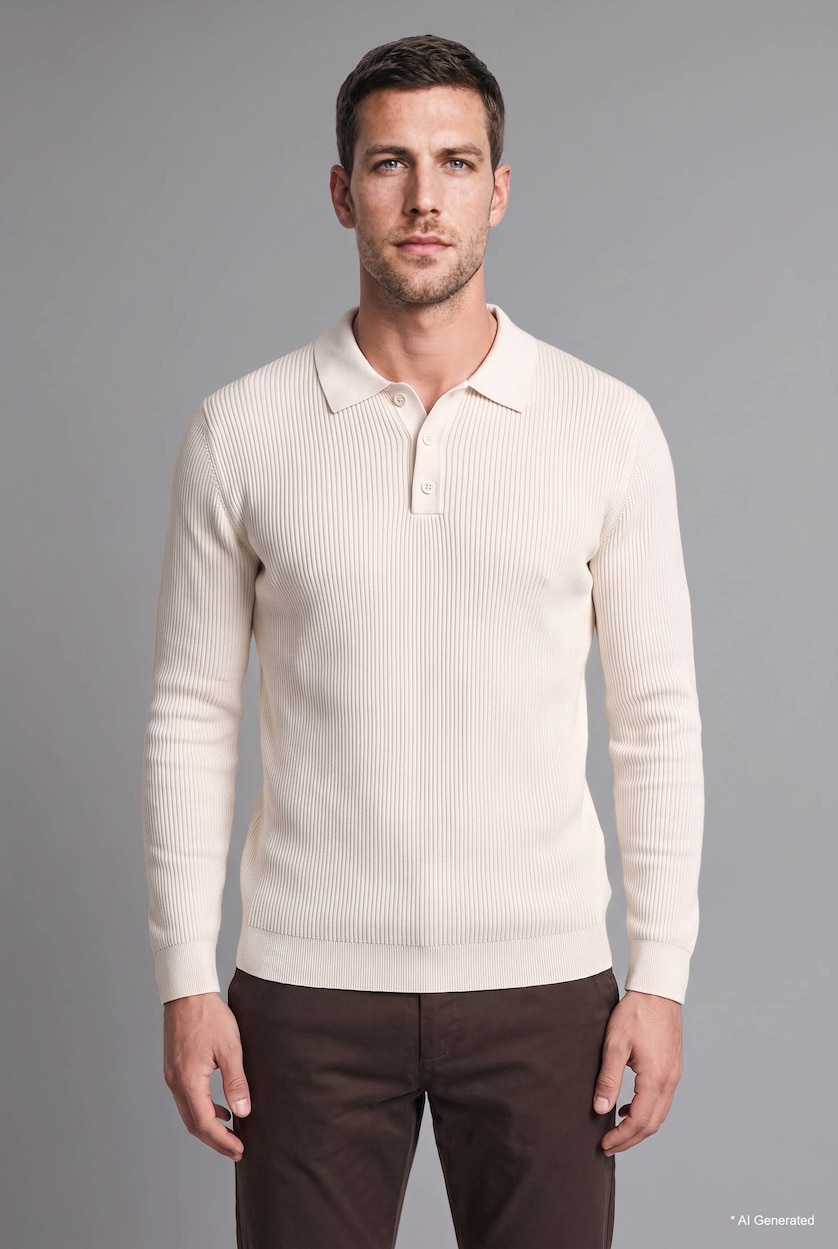 HOMME Écru Pull en tricot basic à col polo boutonné Coupe standard