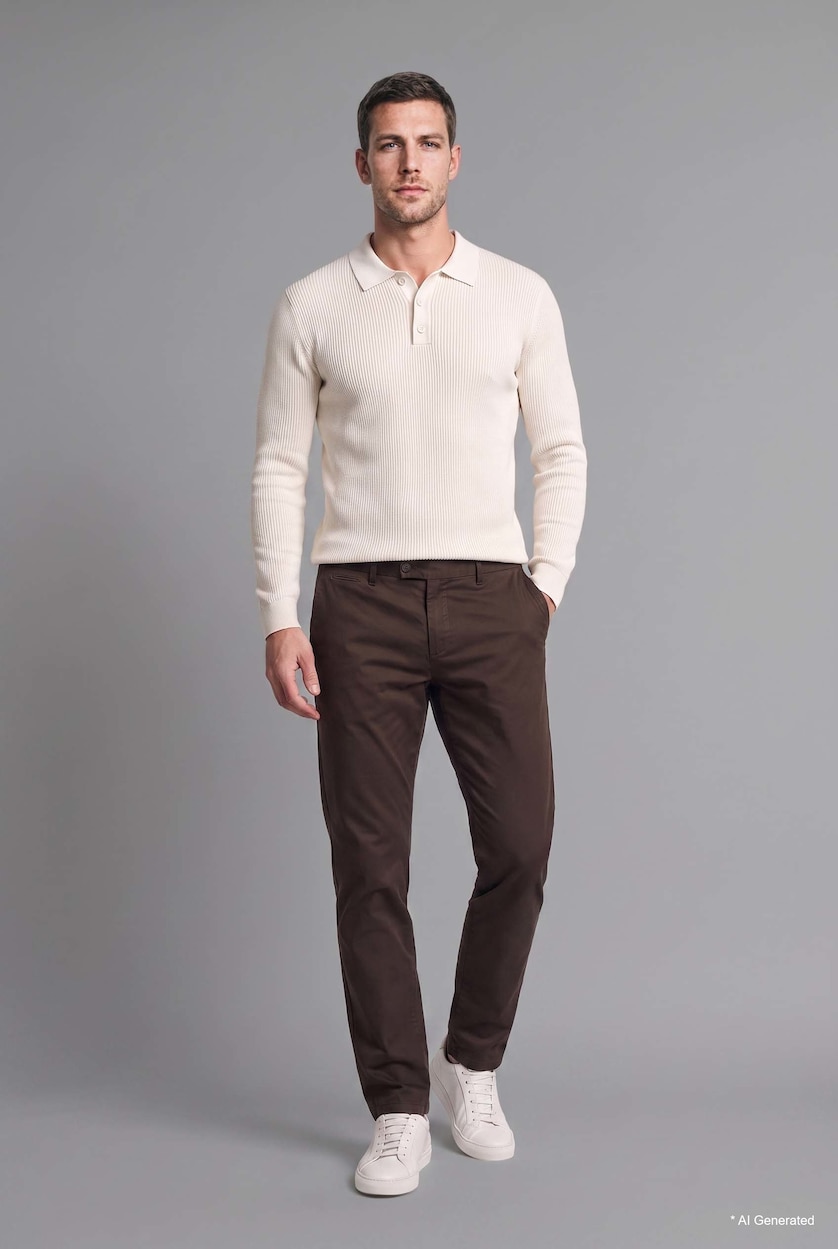 HOMME Écru Pull en tricot basic à col polo boutonné Coupe standard