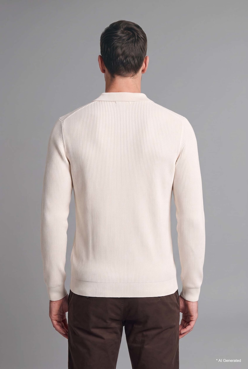HOMME Écru Pull en tricot basic à col polo boutonné Coupe standard