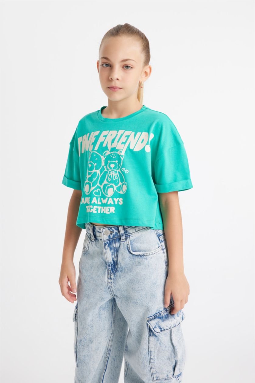 Kız Çocuk - Genç Kız Yeşil Crop Bisiklet Yaka Baskılı Kısa Kollu Tişört Kız Çocuk