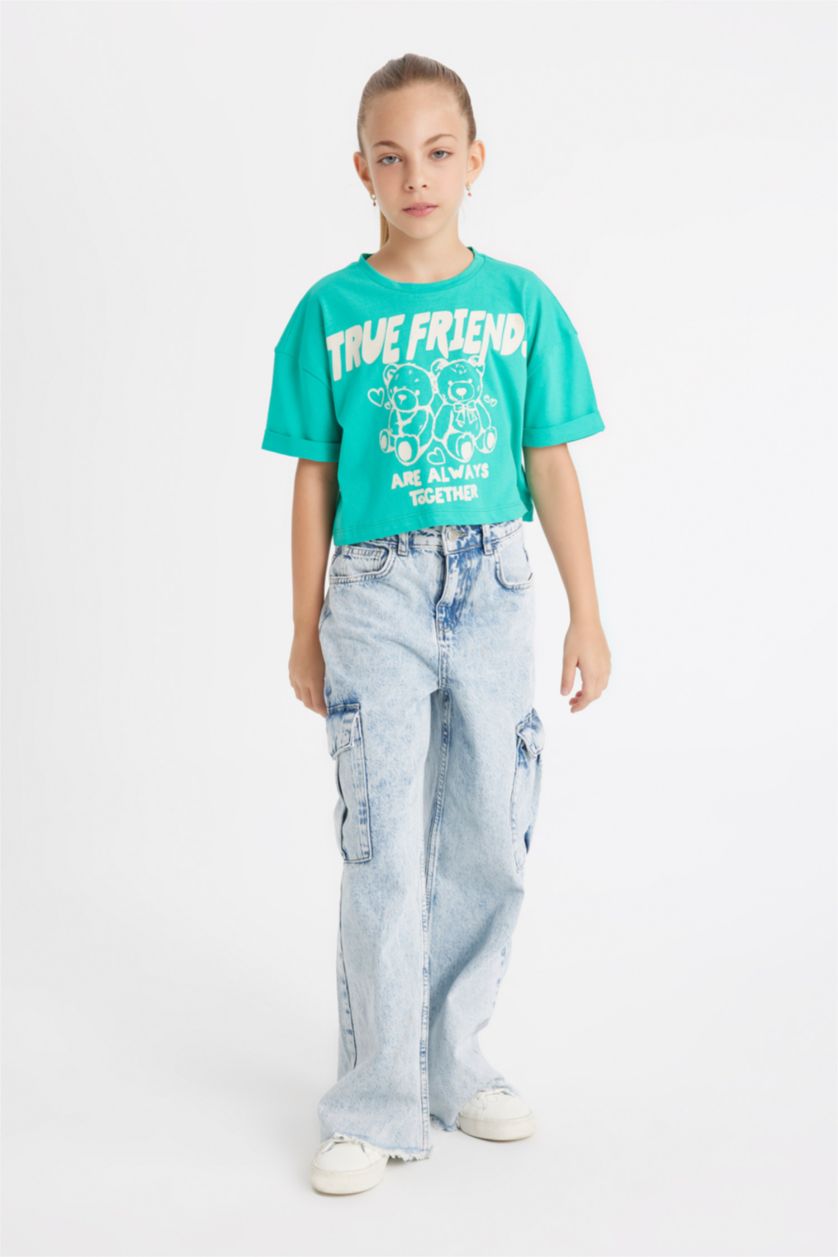 Kız Çocuk - Genç Kız Yeşil Crop Bisiklet Yaka Baskılı Kısa Kollu Tişört Kız Çocuk