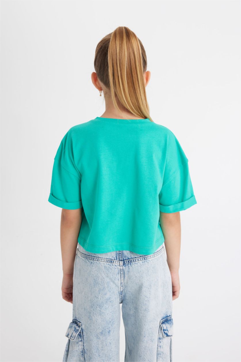 Kız Çocuk - Genç Kız Yeşil Crop Bisiklet Yaka Baskılı Kısa Kollu Tişört Kız Çocuk