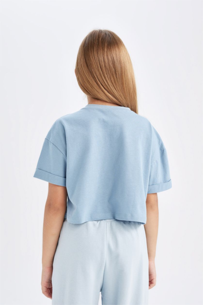 Kız Çocuk - Genç Kız Mavi Crop Bisiklet Yaka Baskılı Kısa Kollu Tişört Kız Çocuk