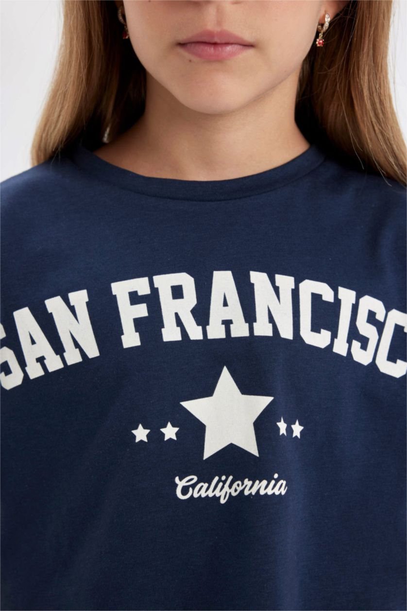 Kız Çocuk - Genç Kız Lacivert Crop Bisiklet Yaka Baskılı Kısa Kollu Tişört Kız Çocuk