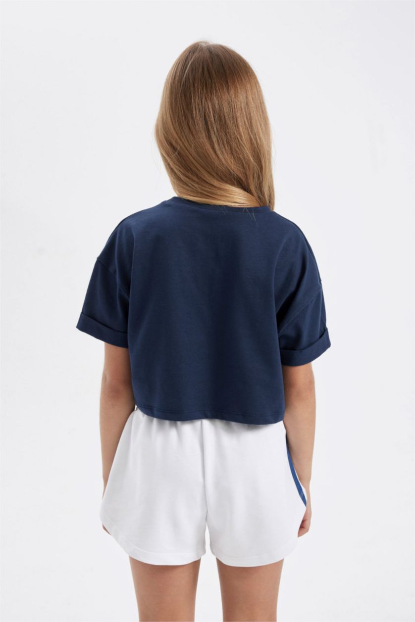 Kız Çocuk - Genç Kız Lacivert Crop Bisiklet Yaka Baskılı Kısa Kollu Tişört Kız Çocuk