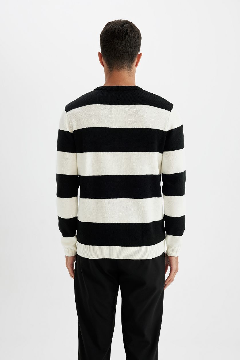 رجالي أسود بلوفر مخطط تريكو اسود قصة عادية برقبة مستديرة