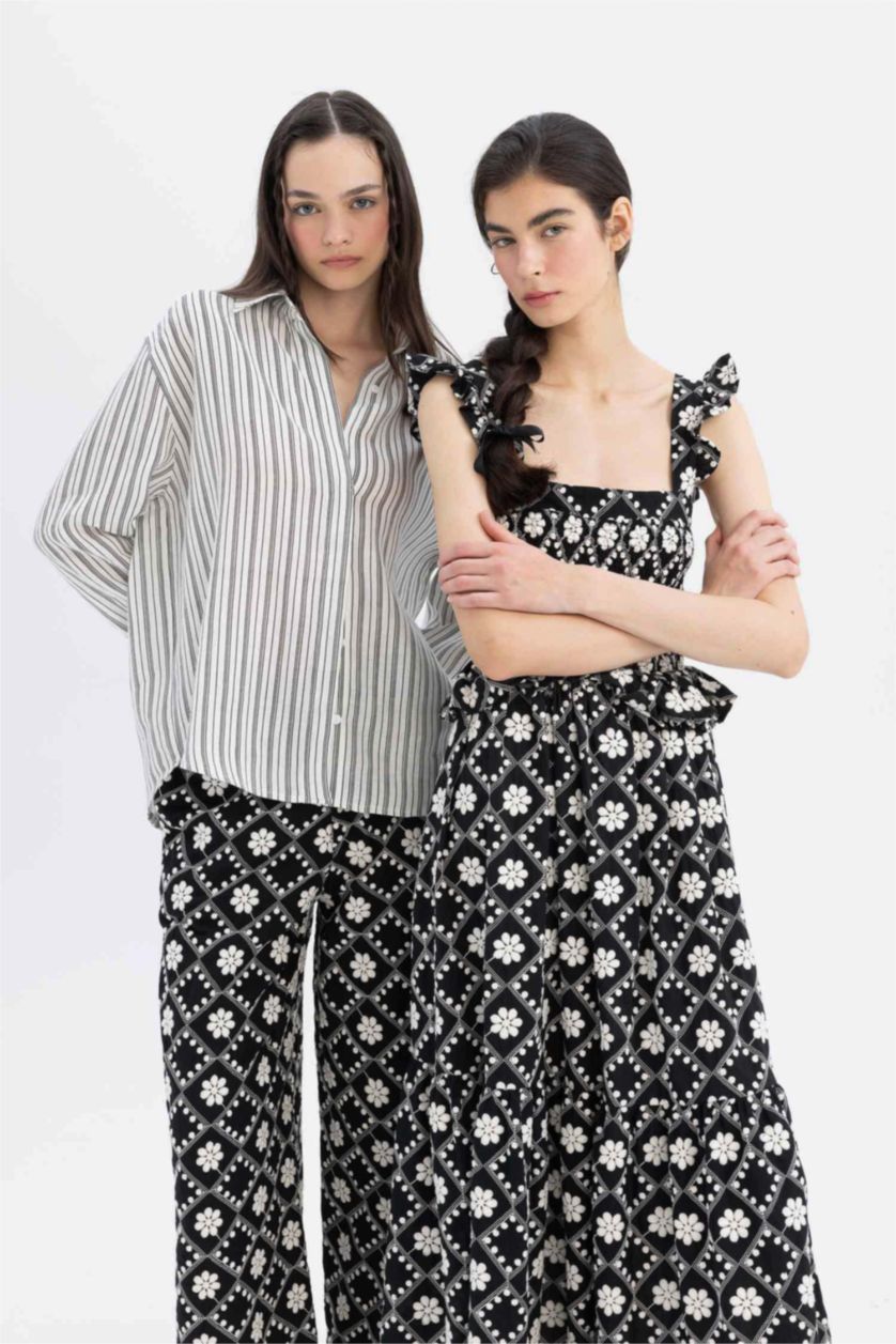 Kadın Kırık Beyaz Lug Von Siga x DeFacto %100 Keten Oversize Çizgili Uzun Kollu Gömlek