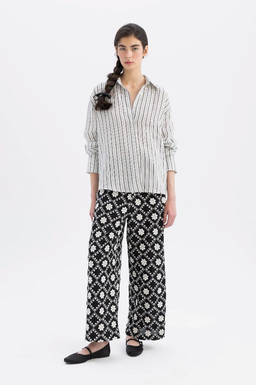 Kadın Kırık Beyaz Lug Von Siga x DeFacto %100 Keten Oversize Çizgili Uzun Kollu Gömlek