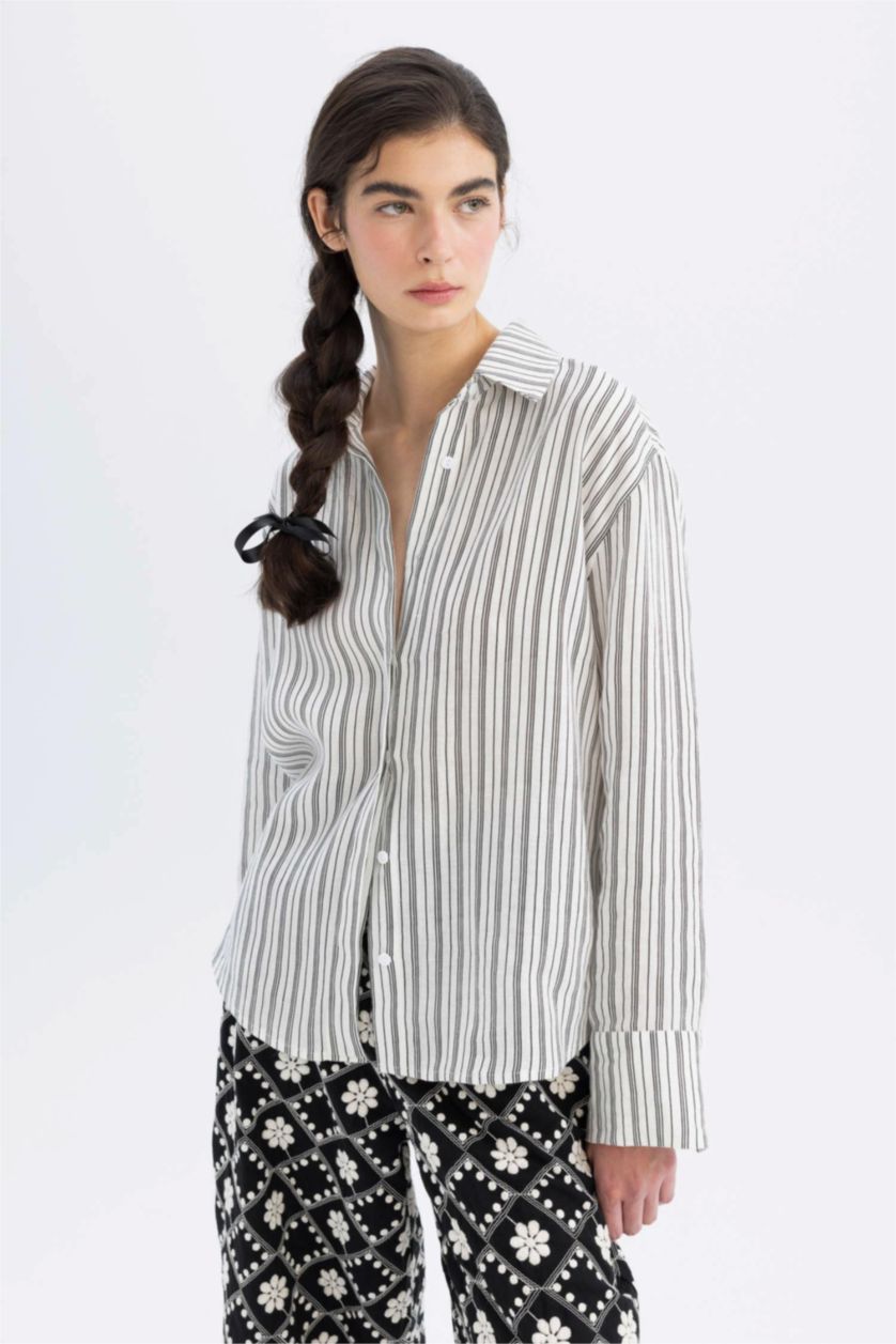 Kadın Kırık Beyaz Lug Von Siga x DeFacto %100 Keten Oversize Çizgili Uzun Kollu Gömlek