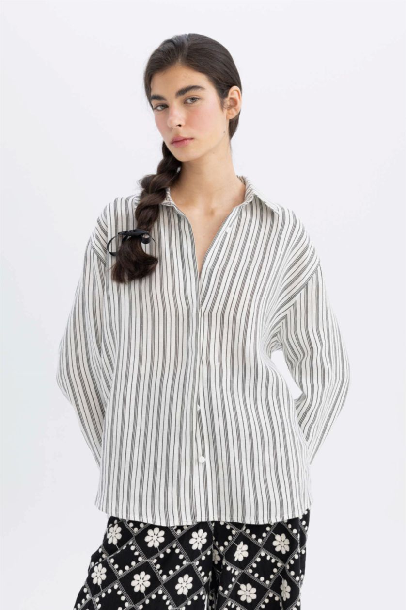 Kadın Kırık Beyaz Lug Von Siga x DeFacto %100 Keten Oversize Çizgili Uzun Kollu Gömlek