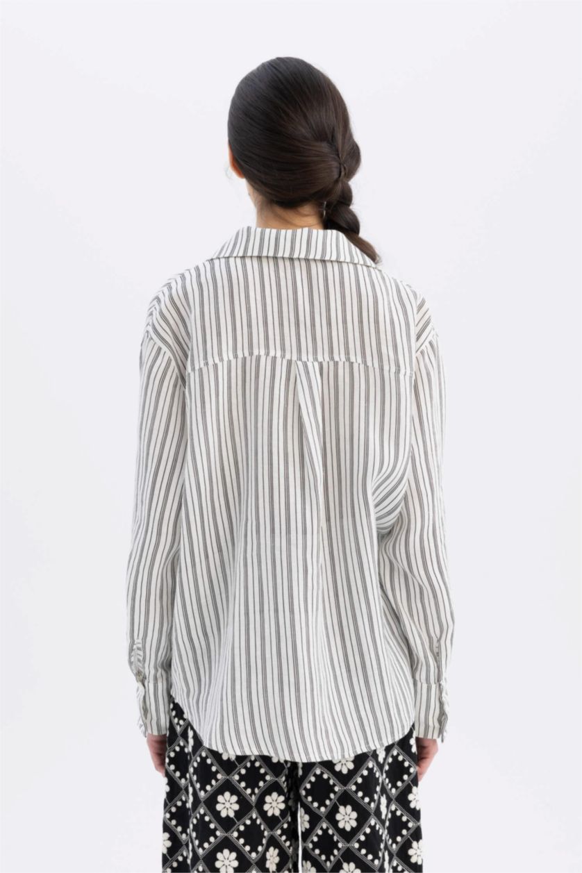 Kadın Kırık Beyaz Lug Von Siga x DeFacto %100 Keten Oversize Çizgili Uzun Kollu Gömlek