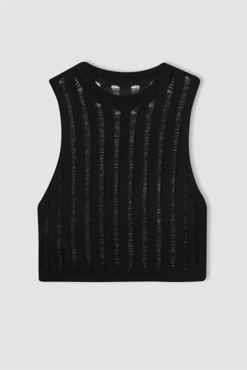 Kadın Siyah Regular Fit Crop Bisiklet Yaka Kroşe Atlet