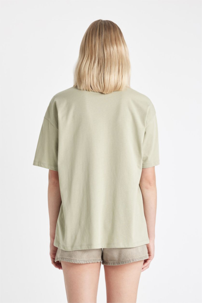 نساء كاكي فاتح تي شيرت نص كم مطبوع اوفر سايز بياقة مستديرة