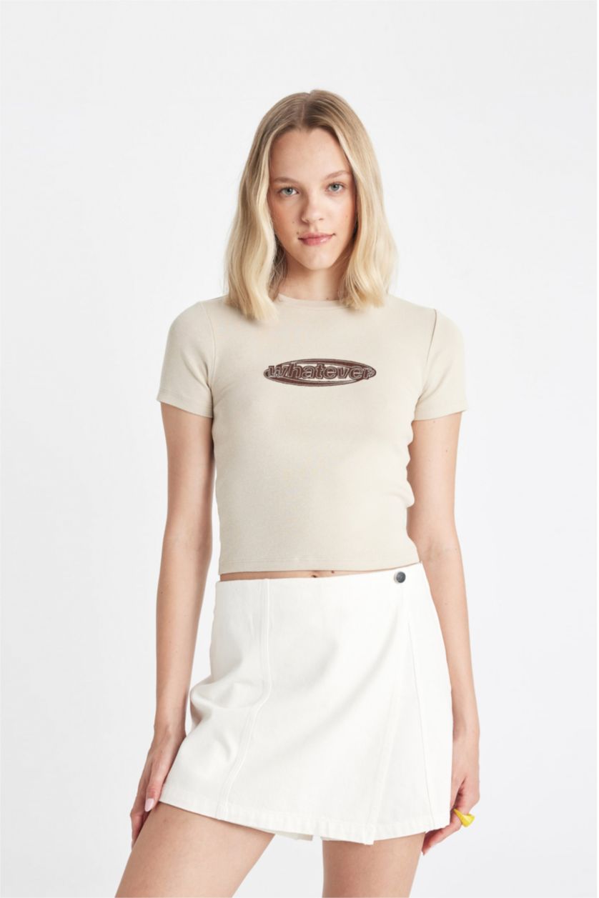 Kadın Taş Fıtted Bisiklet Yaka Baskılı Ribana Kısa Kollu Tişört