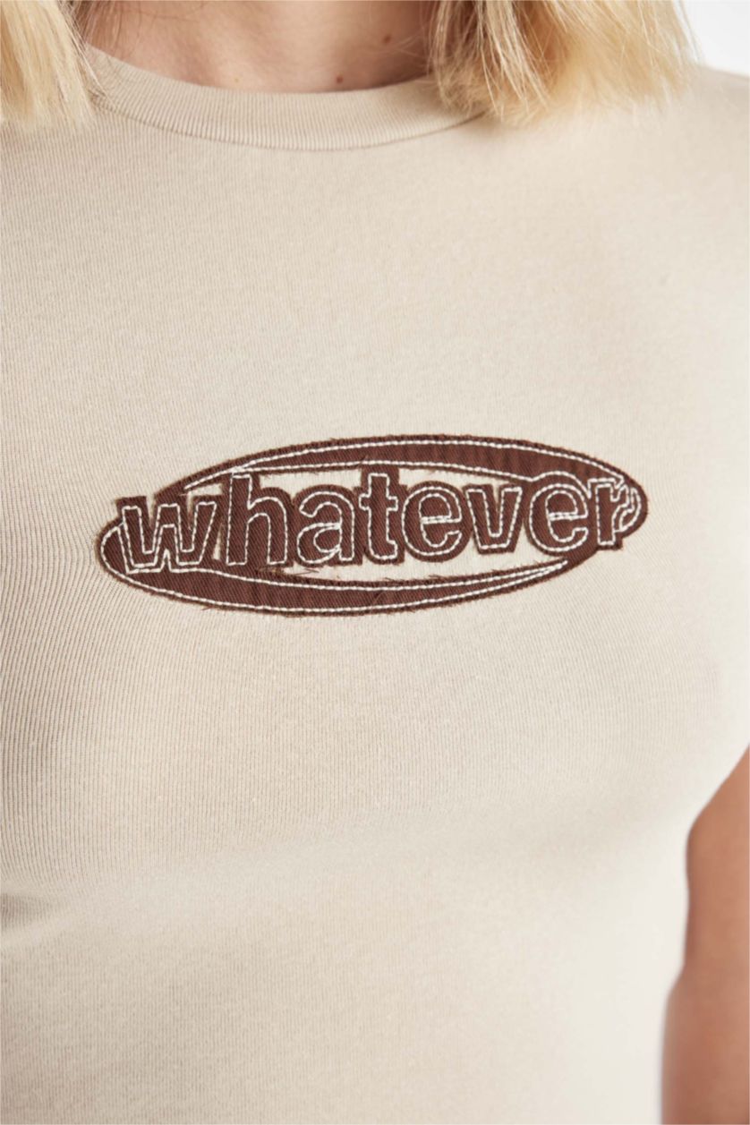 Kadın Taş Fıtted Bisiklet Yaka Baskılı Ribana Kısa Kollu Tişört