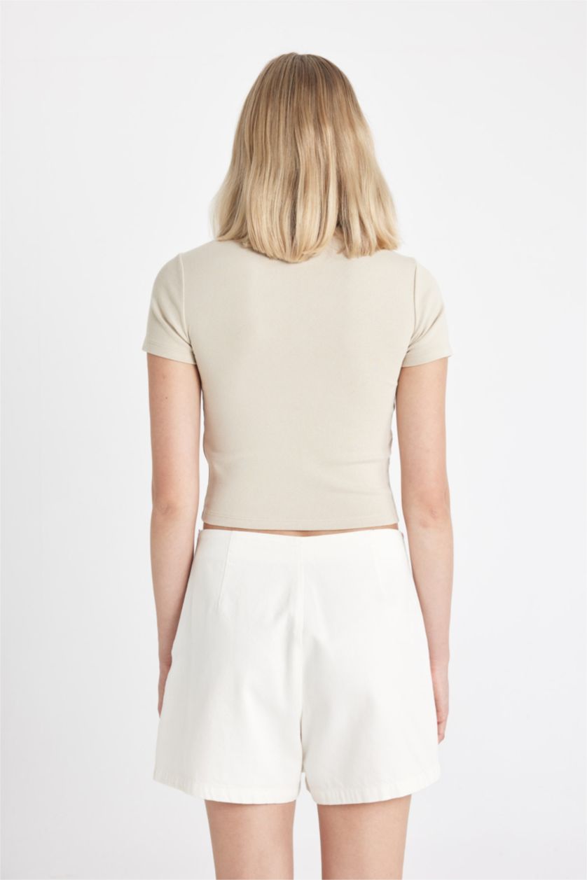 Kadın Taş Fıtted Bisiklet Yaka Baskılı Ribana Kısa Kollu Tişört