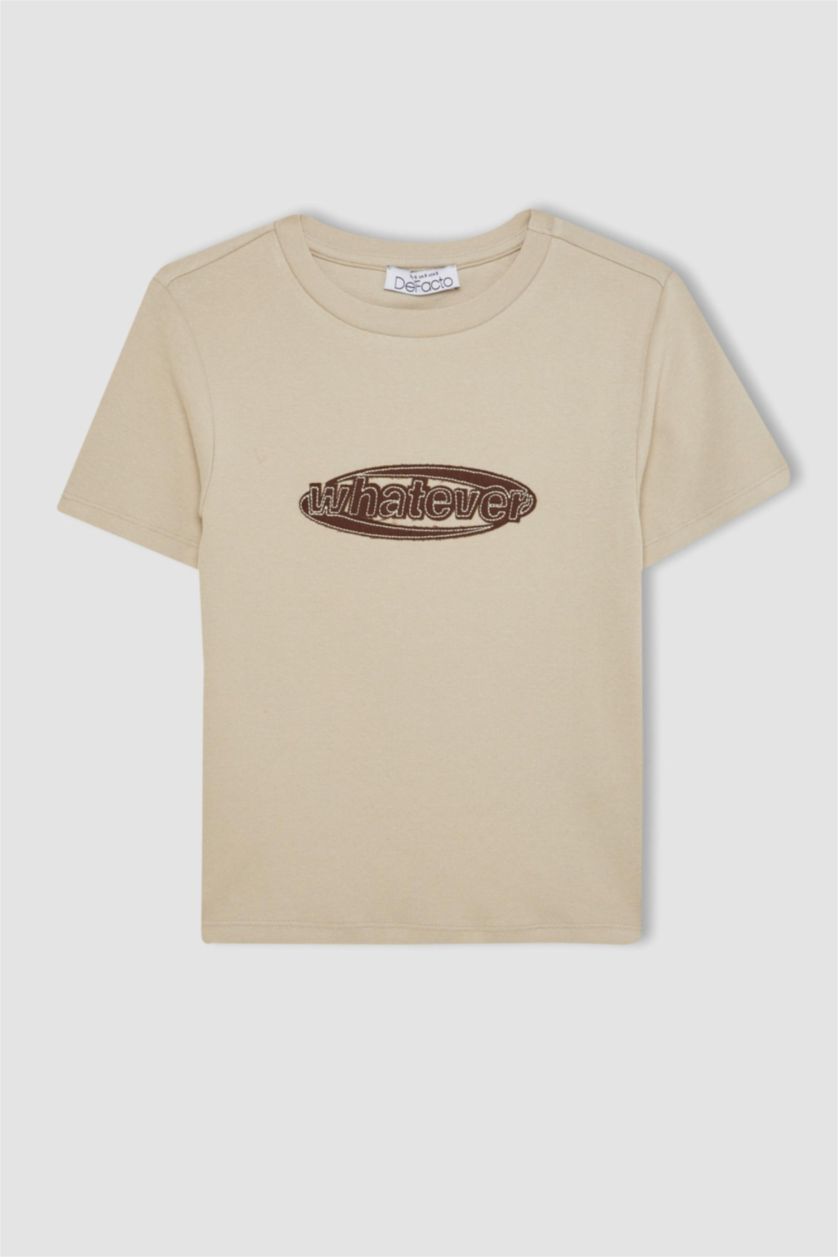 Kadın Taş Fıtted Bisiklet Yaka Baskılı Ribana Kısa Kollu Tişört