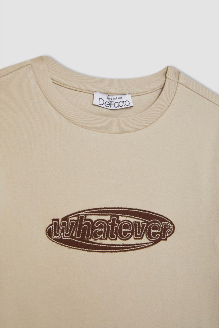 Kadın Taş Fıtted Bisiklet Yaka Baskılı Ribana Kısa Kollu Tişört