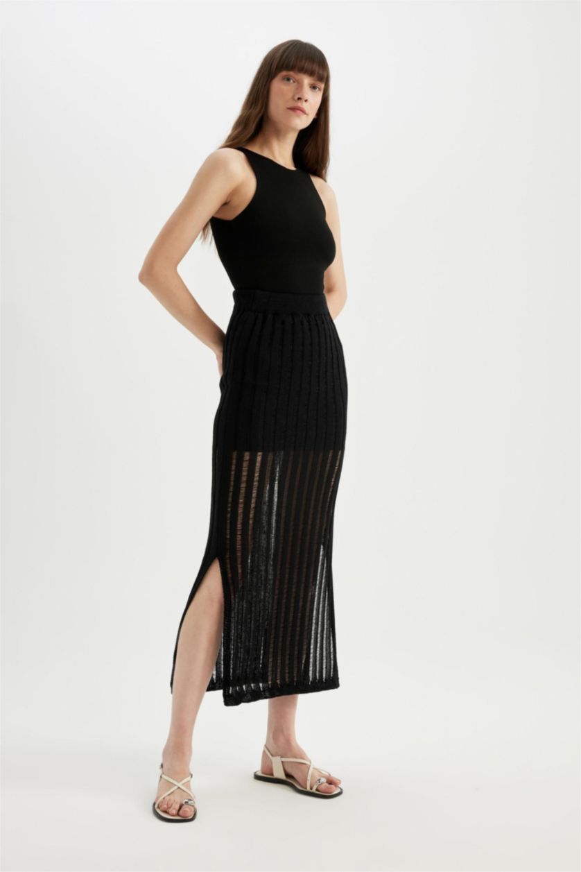 نساء أسود تنورة ميدي قصة عادية بفتحة