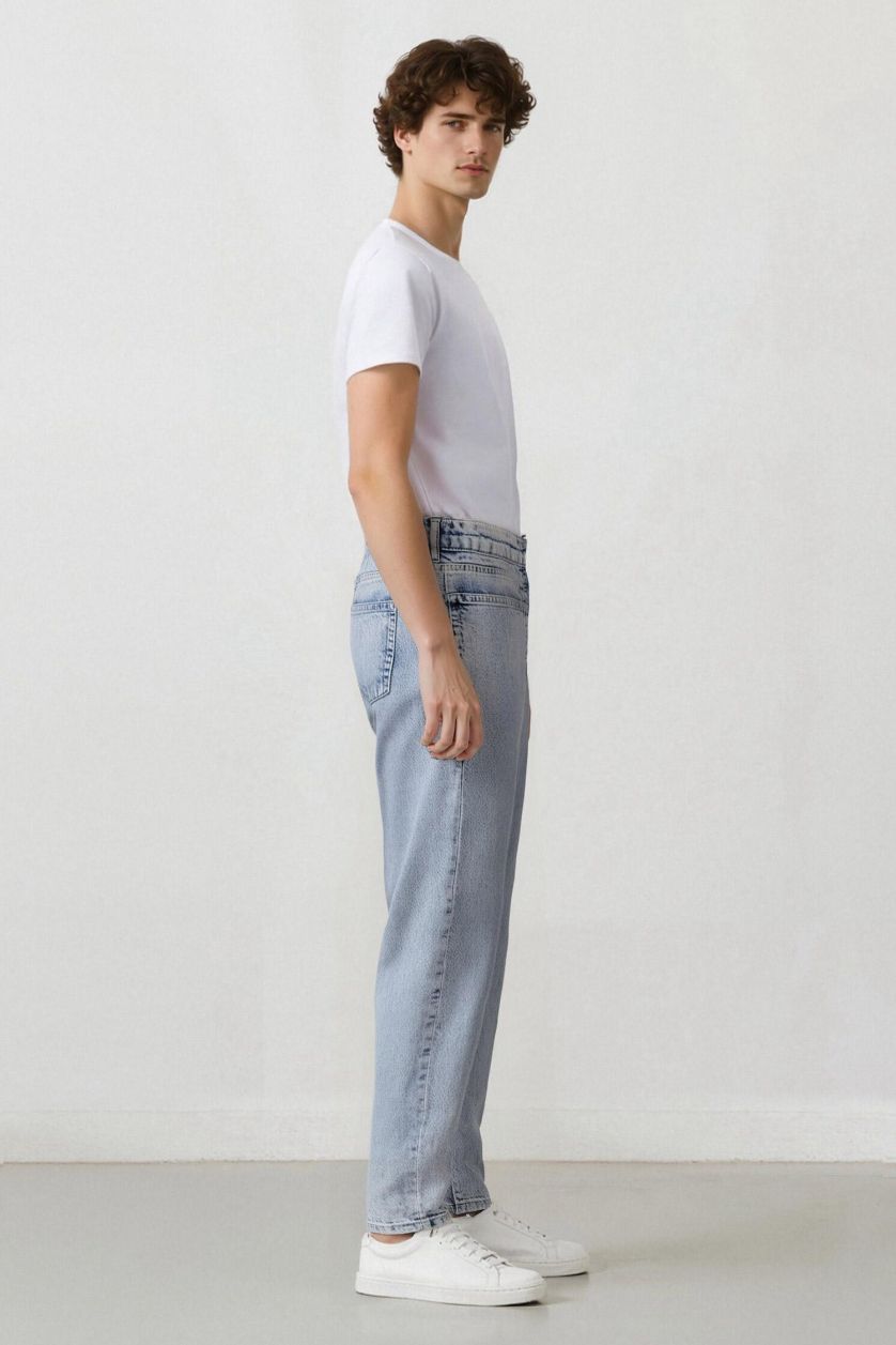 Erkek Açık Mavi Slim Tapered Fit Dar Kalıp Normal Bel Daralan Paça Jean Pantolon