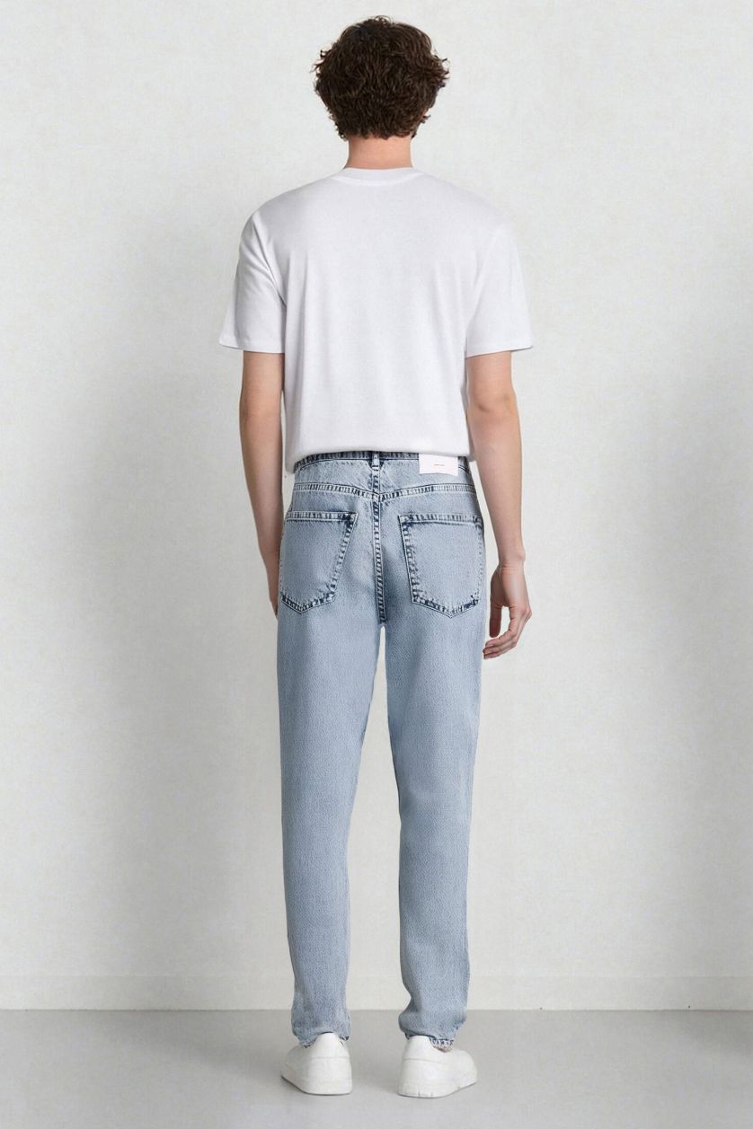 Erkek Açık Mavi Slim Tapered Fit Dar Kalıp Normal Bel Daralan Paça Jean Pantolon