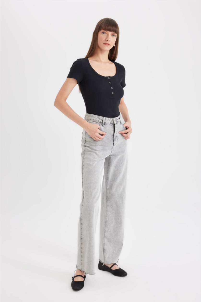 نساء أسود تيشيرت سليم فيت  نص كم مضلع برقبة مستديرة