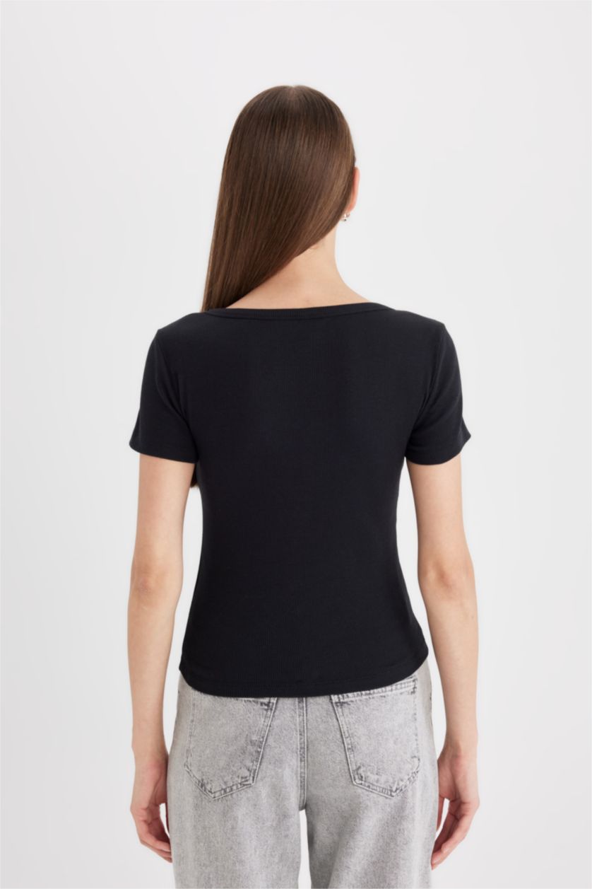 نساء أسود تيشيرت سليم فيت  نص كم مضلع برقبة مستديرة