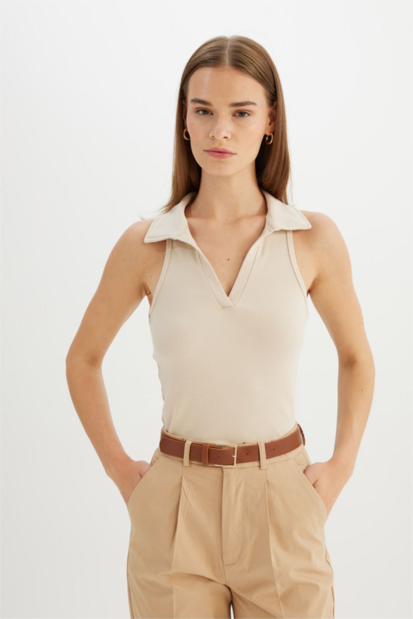 WOMAN Beige Slim Fit Ribbed Camisole Polo T-Shirt