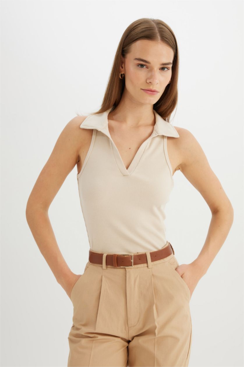 WOMAN Beige Slim Fit Ribbed Camisole Polo T-Shirt