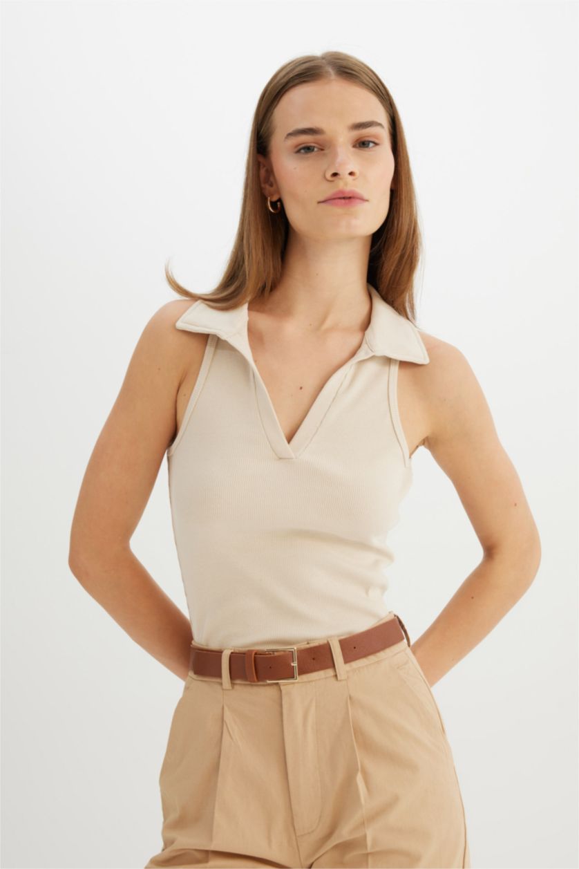 WOMAN Beige Slim Fit Ribbed Camisole Polo T-Shirt