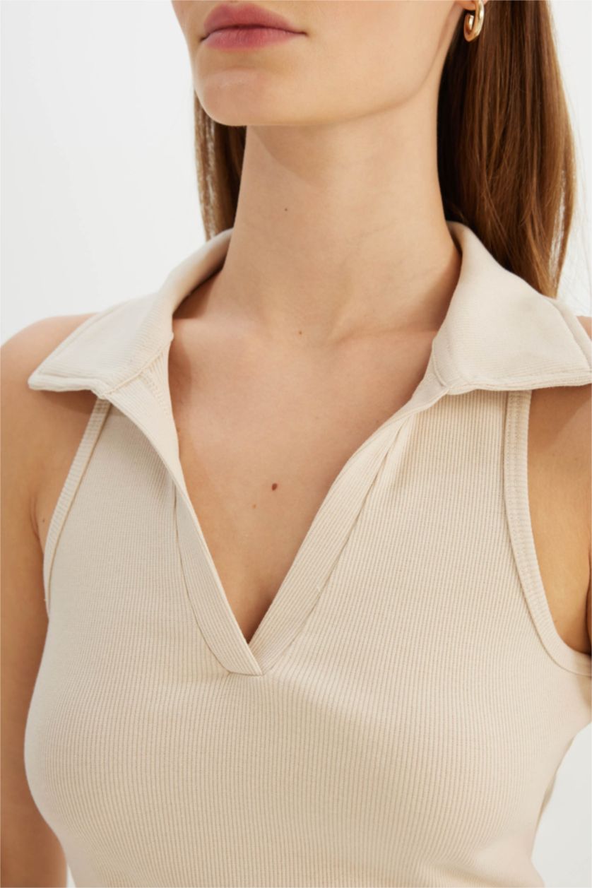 WOMAN Beige Slim Fit Ribbed Camisole Polo T-Shirt