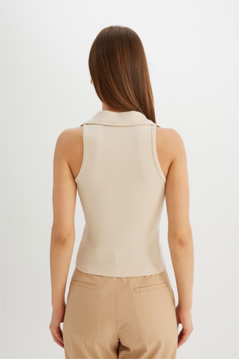 WOMAN Beige Slim Fit Ribbed Camisole Polo T-Shirt