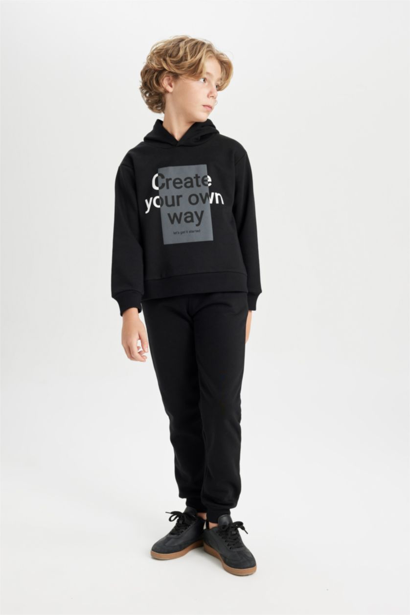 Erkek Çocuk - Genç Erkek Siyah Erkek Çocuk 2'li Takım Kapüşonlu Baskılı Sweatshirt Beli Lastikli Jogger Eşofman Altı