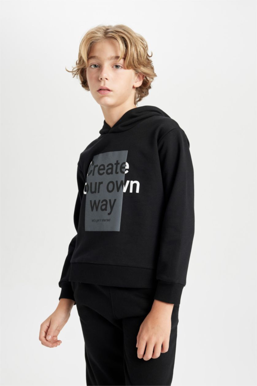 Erkek Çocuk - Genç Erkek Siyah Erkek Çocuk 2'li Takım Kapüşonlu Baskılı Sweatshirt Beli Lastikli Jogger Eşofman Altı