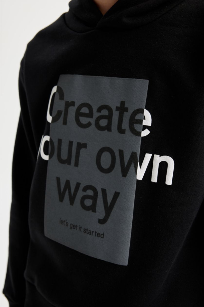 Erkek Çocuk - Genç Erkek Siyah Erkek Çocuk 2'li Takım Kapüşonlu Baskılı Sweatshirt Beli Lastikli Jogger Eşofman Altı