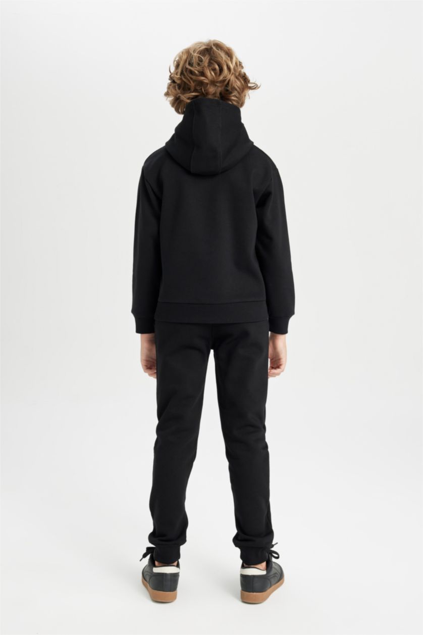 Erkek Çocuk - Genç Erkek Siyah Erkek Çocuk 2'li Takım Kapüşonlu Baskılı Sweatshirt Beli Lastikli Jogger Eşofman Altı