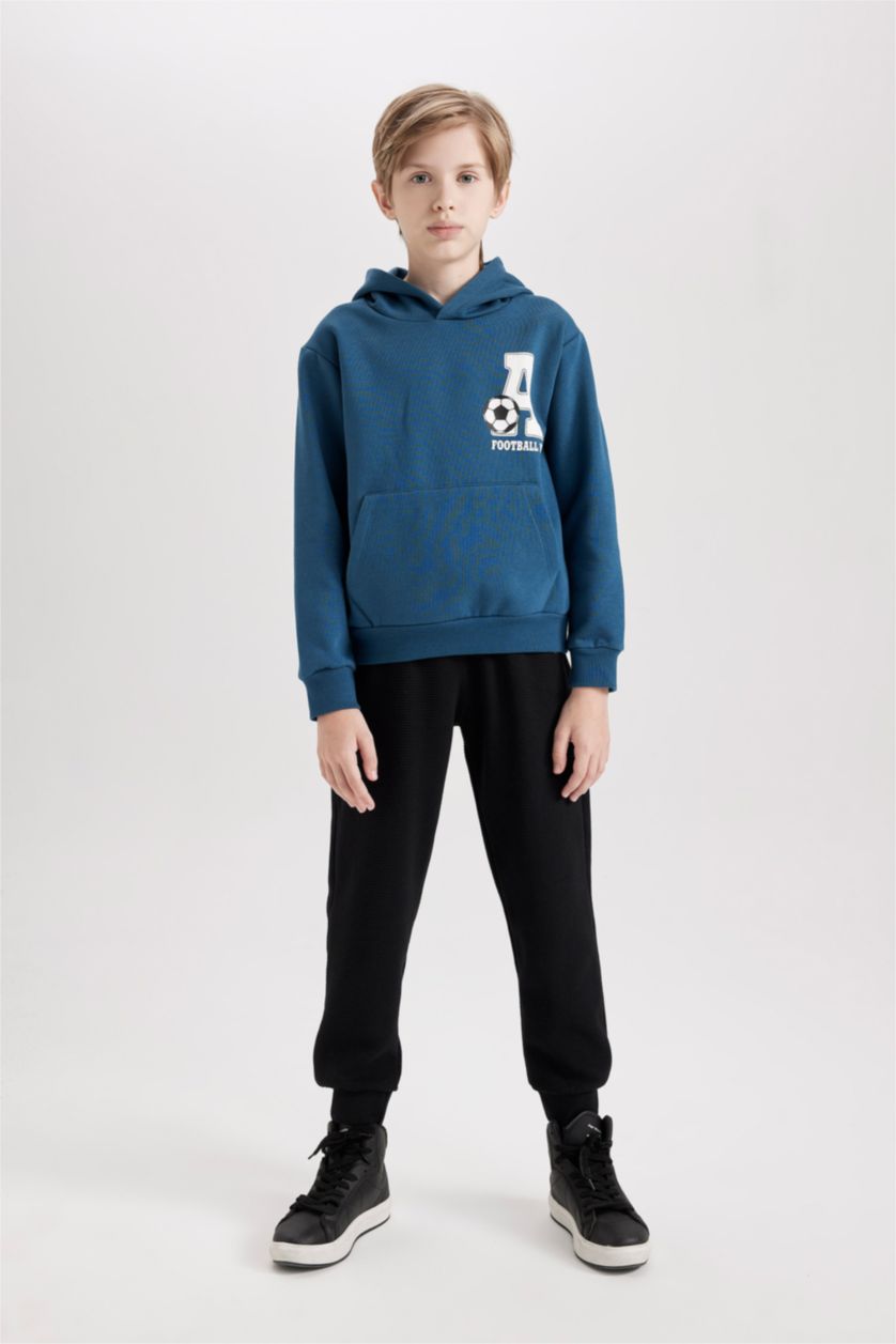 Erkek Çocuk - Genç Erkek İndigo Erkek Çocuk 2'li Takım Baskılı Kapüşonlu Kanguru Cepli Sweatshirt Jogger Eşofman Altı