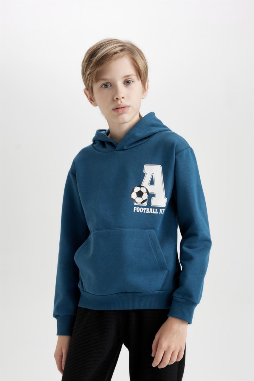 Erkek Çocuk - Genç Erkek İndigo Erkek Çocuk 2'li Takım Baskılı Kapüşonlu Kanguru Cepli Sweatshirt Jogger Eşofman Altı