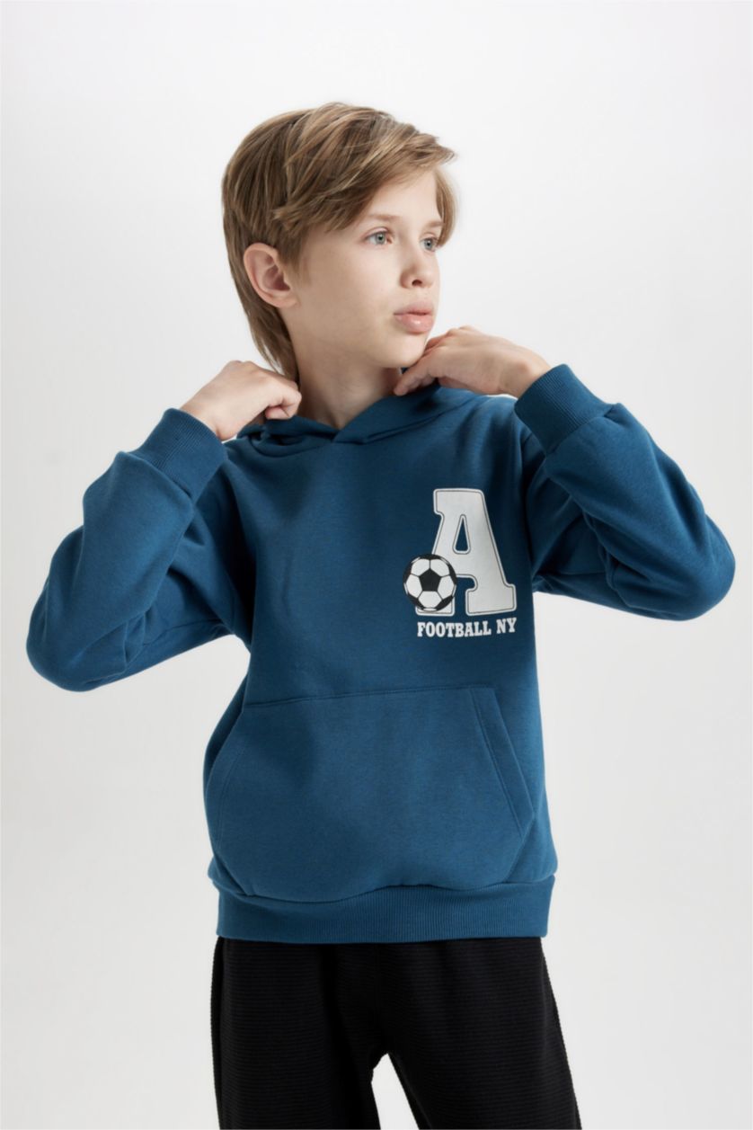 Erkek Çocuk - Genç Erkek İndigo Erkek Çocuk 2'li Takım Baskılı Kapüşonlu Kanguru Cepli Sweatshirt Jogger Eşofman Altı