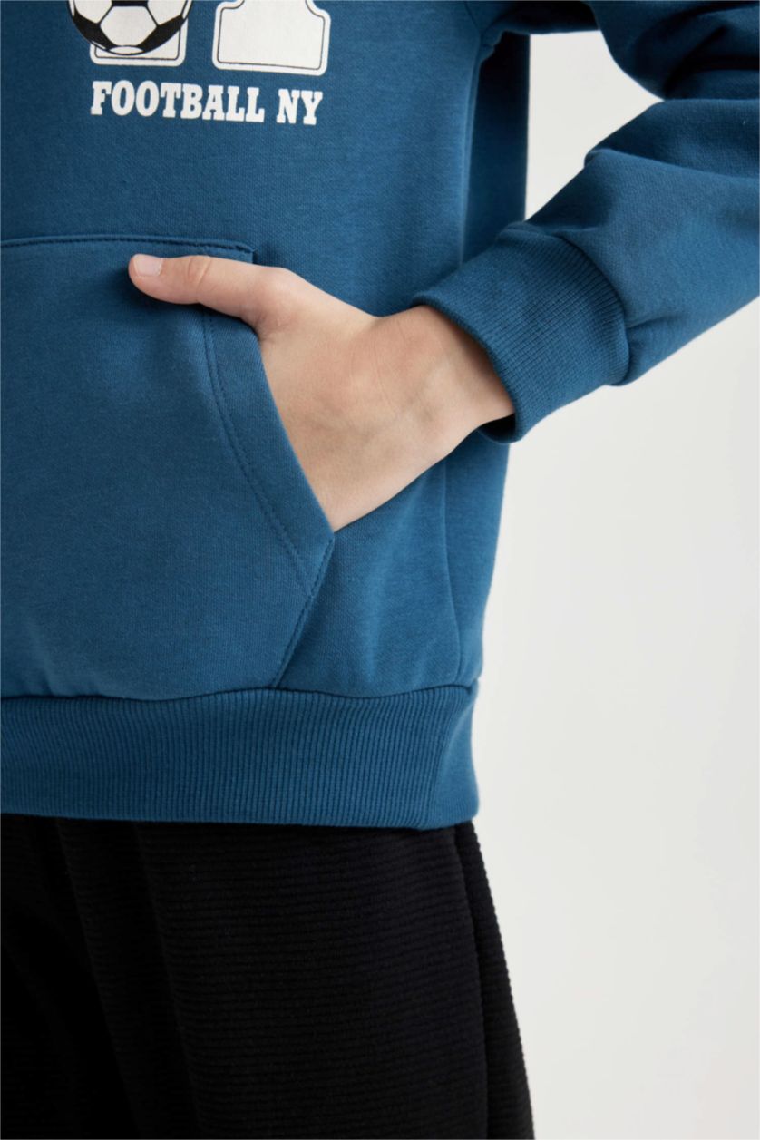 Erkek Çocuk - Genç Erkek İndigo Erkek Çocuk 2'li Takım Baskılı Kapüşonlu Kanguru Cepli Sweatshirt Jogger Eşofman Altı