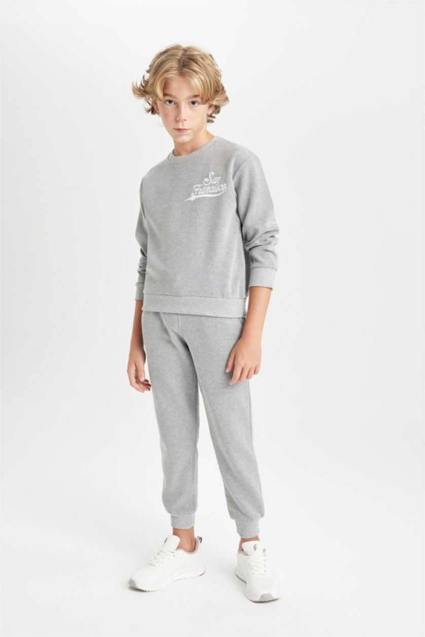 BOYS & TEENS Grey Melange Boy Printed Sweatshirt Sweatpants 2 Piece Set