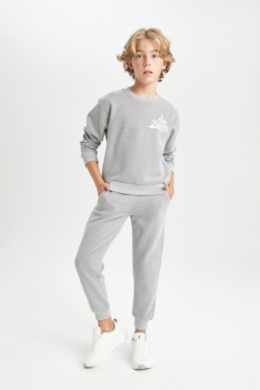 BOYS & TEENS Grey Melange Boy Printed Sweatshirt Sweatpants 2 Piece Set