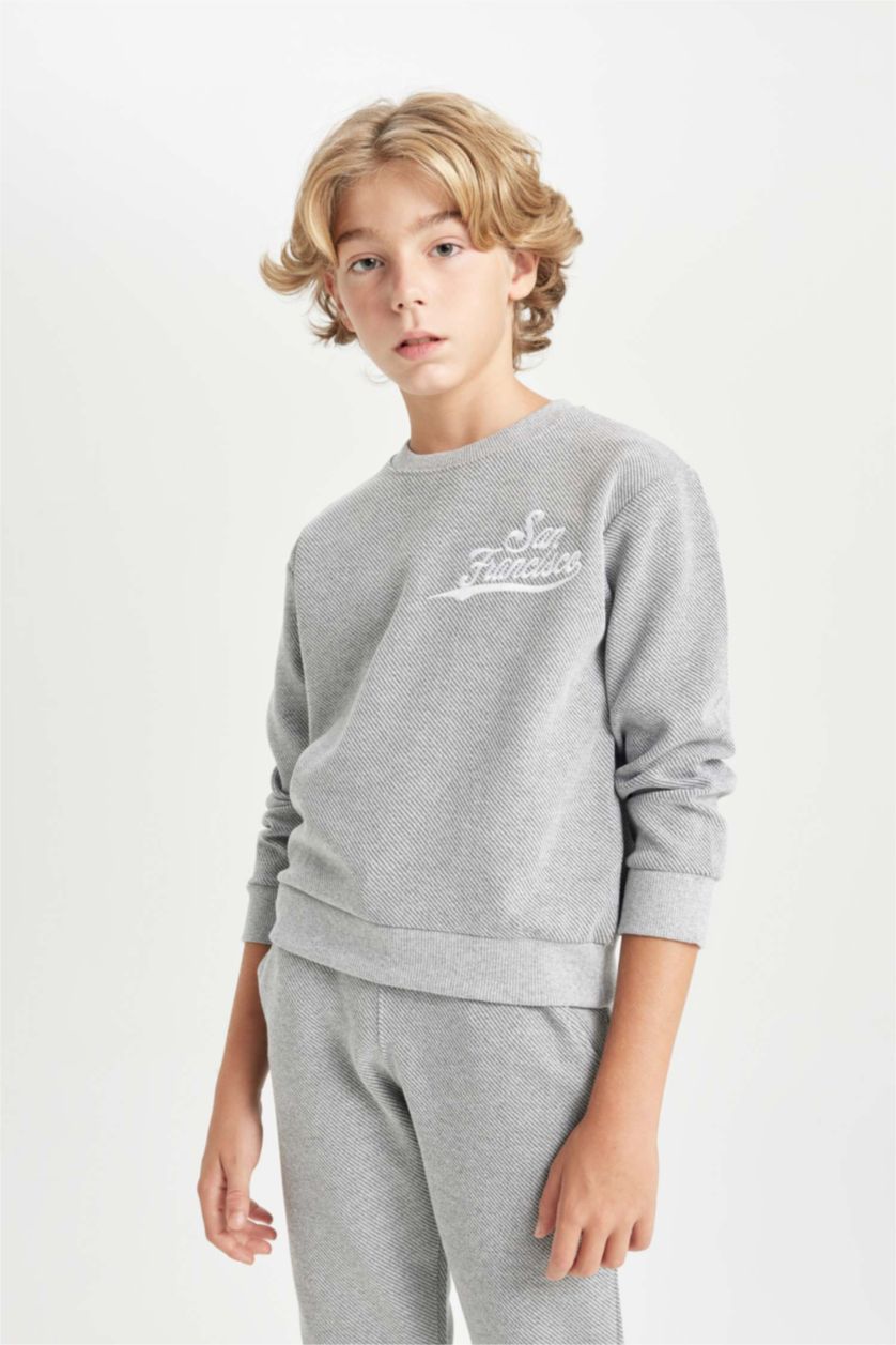 BOYS & TEENS Grey Melange Boy Printed Sweatshirt Sweatpants 2 Piece Set
