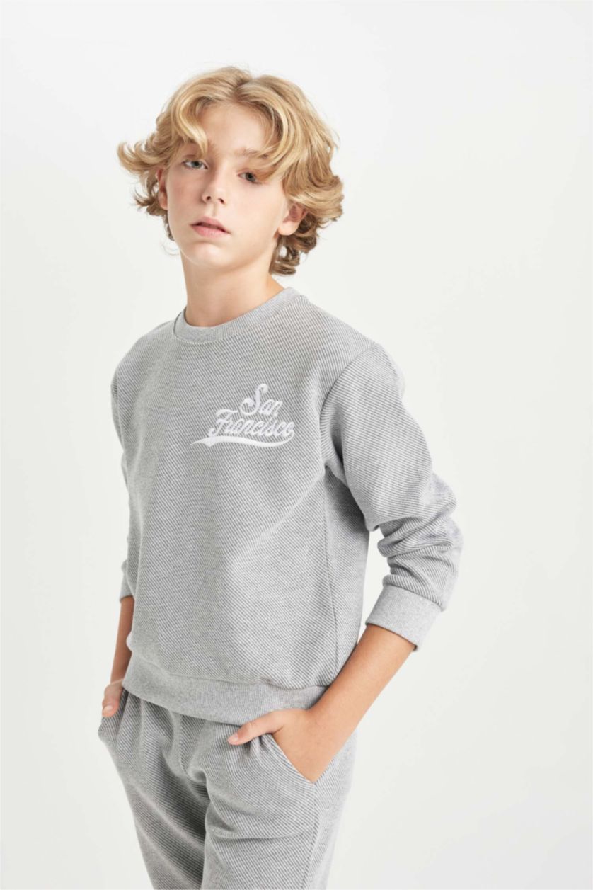 BOYS & TEENS Grey Melange Boy Printed Sweatshirt Sweatpants 2 Piece Set