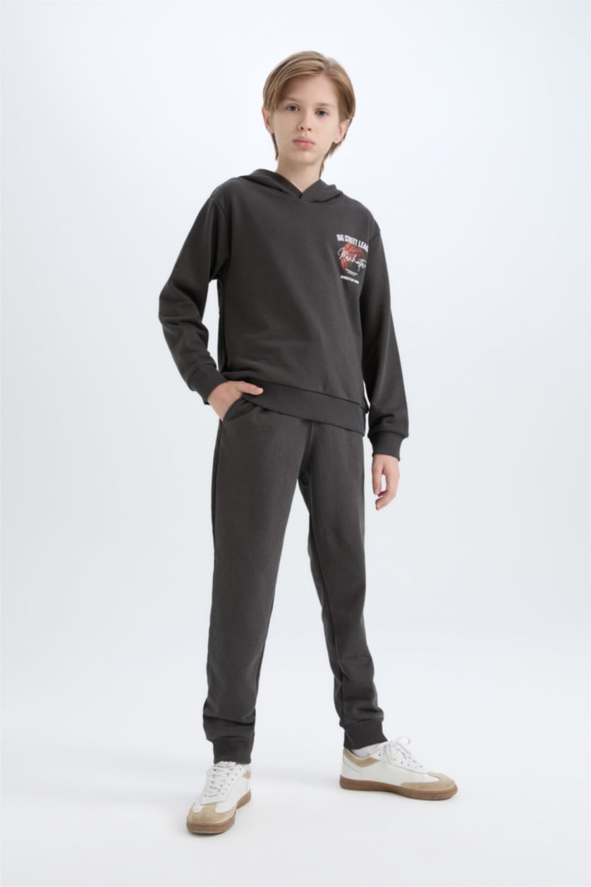 Erkek Çocuk - Genç Erkek Antrasit Erkek Çocuk 2'li Takım Kapüşonlu Baskılı Sweatshirt Beli Lastikli Eşofman Altı